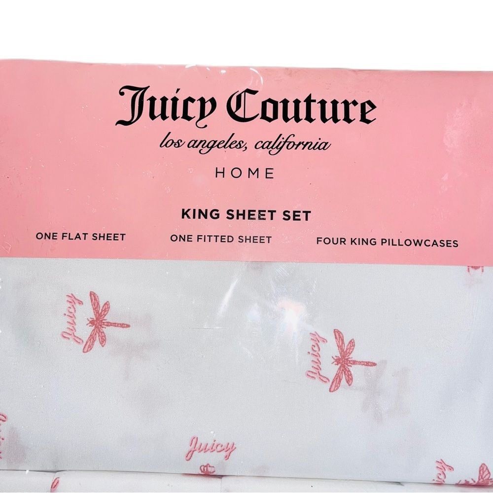 **SOLD** Juicy Couture Home 6 Piece King Size Sheet Set Pink Bee & Dragonfly - Picture 13 of 14